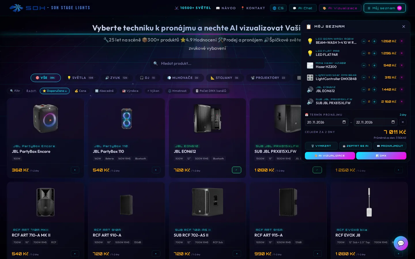 Panel Můj seznam v Stage Studio SOH s počty kusů, termínem pronájmu a celkovou cenou za 2 dny