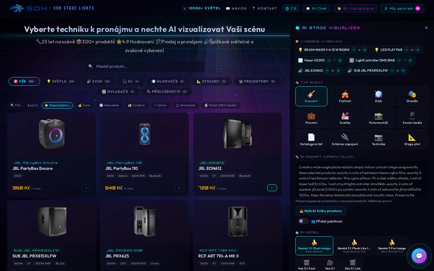 AI Stage Visualizer v Stage Studio SOH s vybranou technikou, typy scény a volbou AI modelu