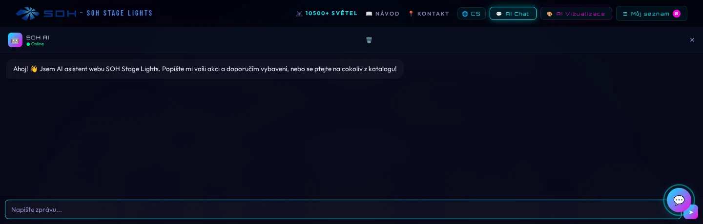 Okno AI chatu SOH AI v aplikaci Stage Studio s úvodní zprávou asistenta