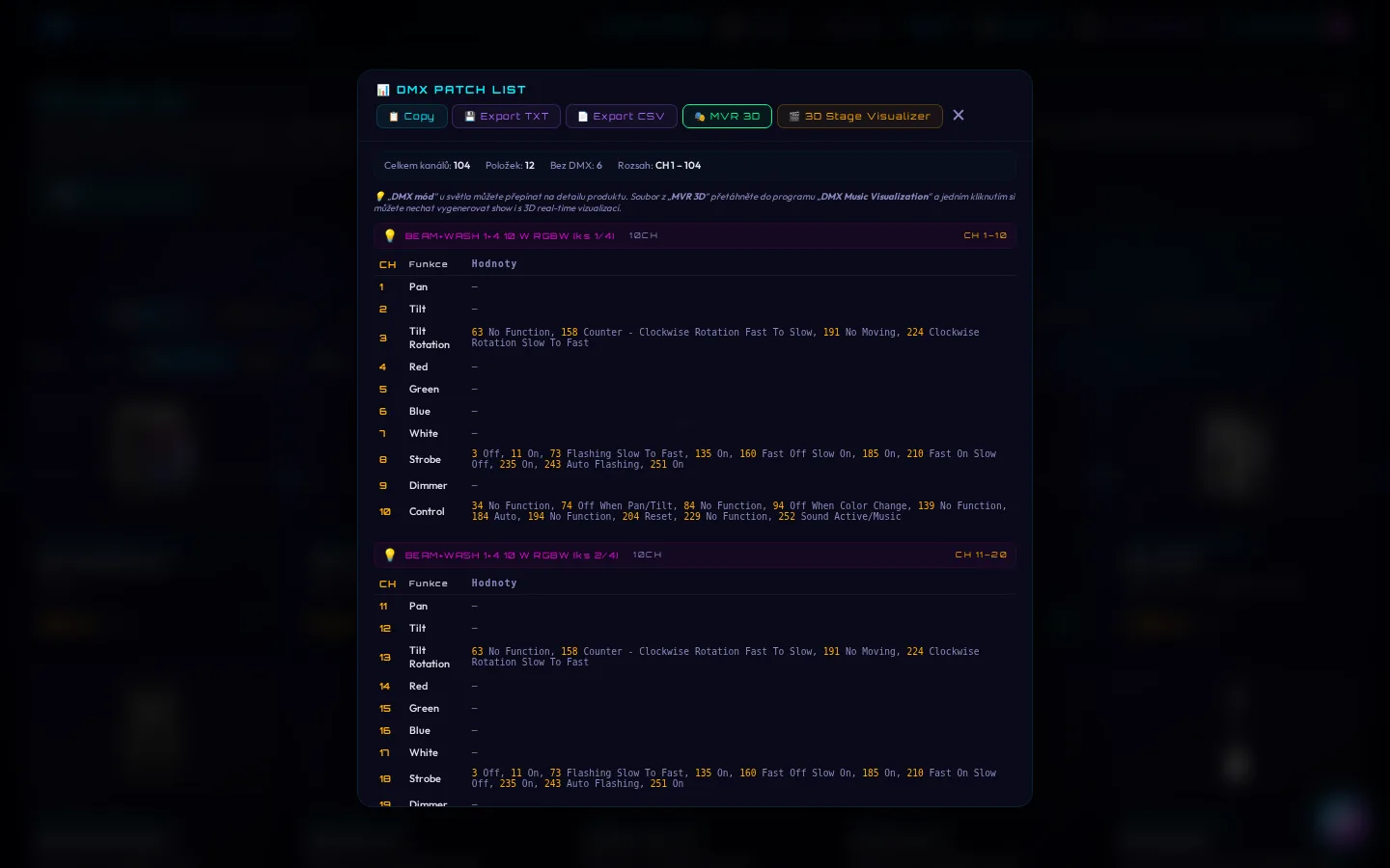 DMX patch list v Stage Studio SOH s adresami kanálů, funkcemi a exportem TXT a CSV