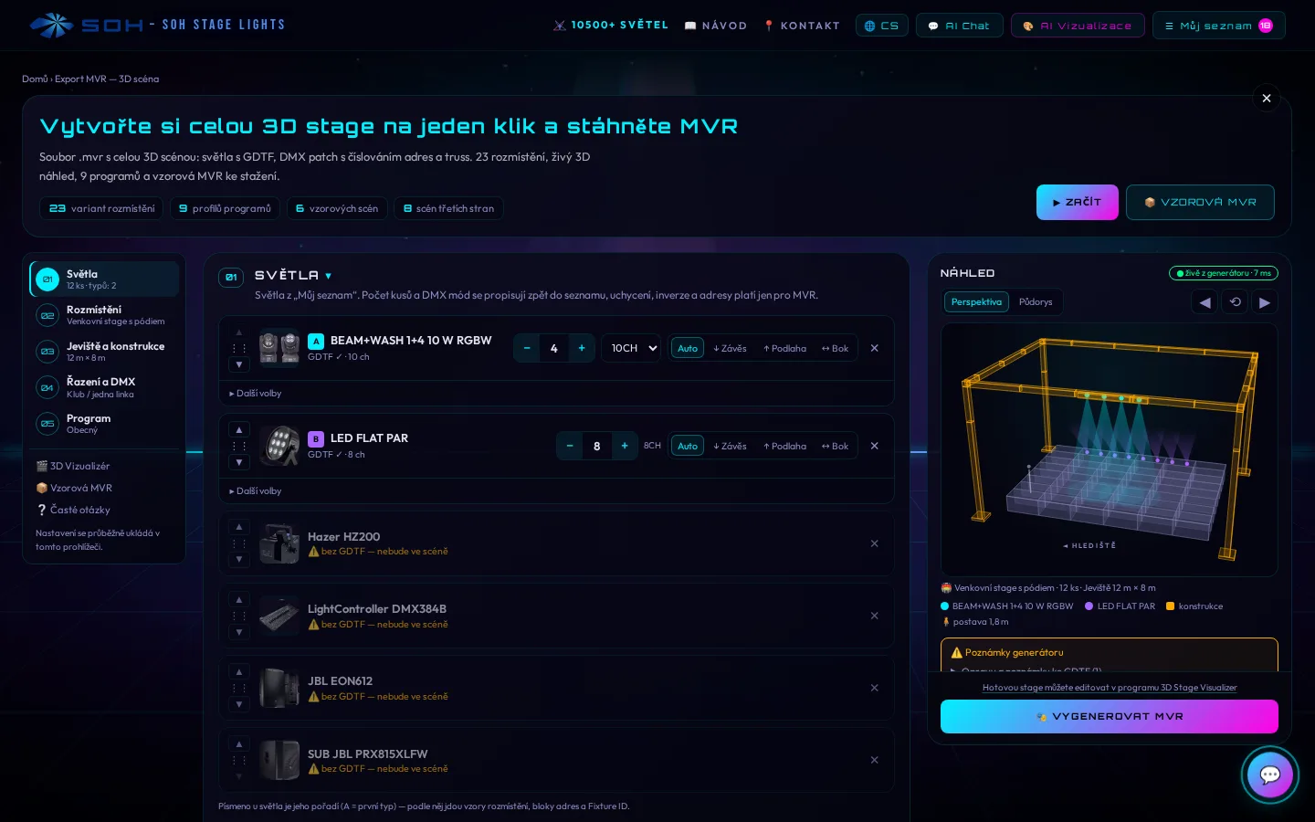 Export 3D scény MVR v Stage Studio SOH s rozmístěním světel, konstrukcí a živým 3D náhledem