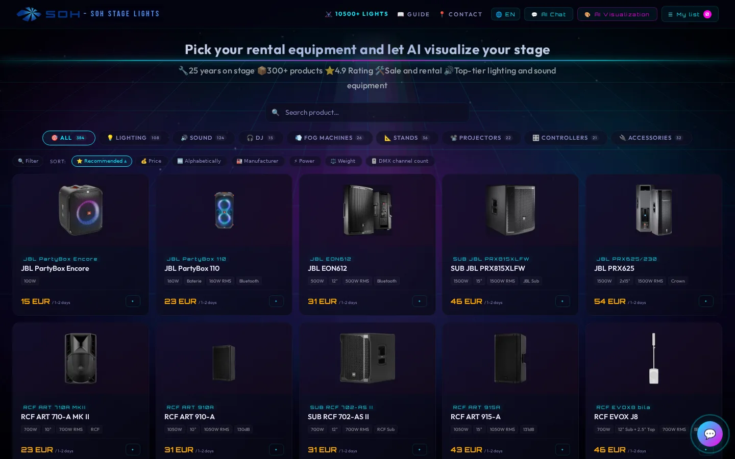 Rental equipment catalogue in SOH Stage Studio with categories, sorting and prices for 1–2 days