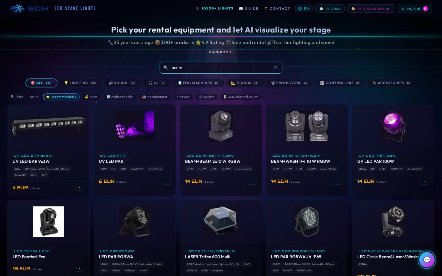 Catalogue search in SOH Stage Studio showing results for beam