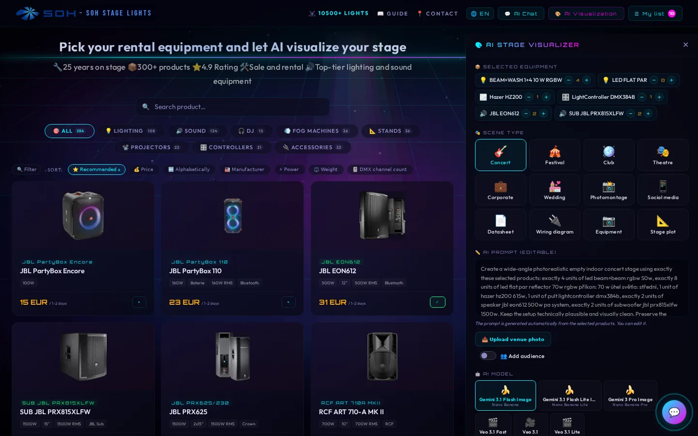 AI Stage Visualizer in SOH Stage Studio with selected equipment, scene types and AI model choice